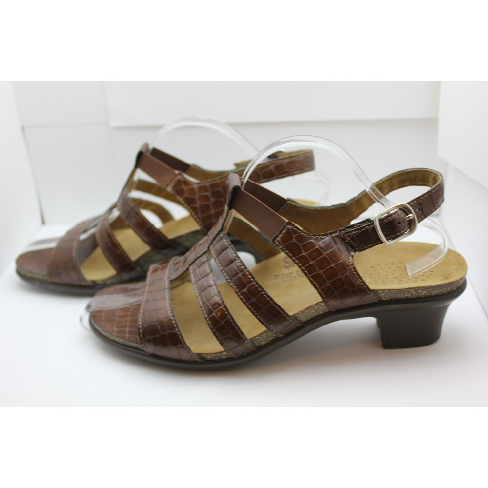 SAS Brown Croc Embossed Leather Strappy T-Strap Tripad Comfort Sandals Size 10